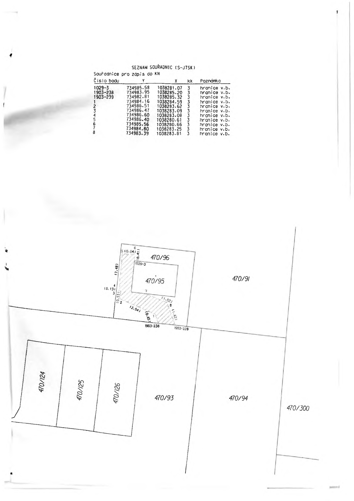 Geometrický plán obsahující seznam souřadnic (S-JTSK) a situační nákres parcel. Seznam souřadnic obsahuje body 1029-3, 1903-238, 1903-239, 1, 2, 3, 4, 5, 6, 7, 8 s příslušnými souřadnicemi Y a X a poznámkou 'hranice v.b.'. Situační nákres zobrazuje parcely č. 470/96, 470/95, 470/91, 470/124, 470/125, 470/126, 470/93, 470/94 a 470/300, včetně vyznačených délek hranic (např. 0.84, 2.48, 0.13, 0.53, 2.54, 0.65, 1.52, 1.62).
