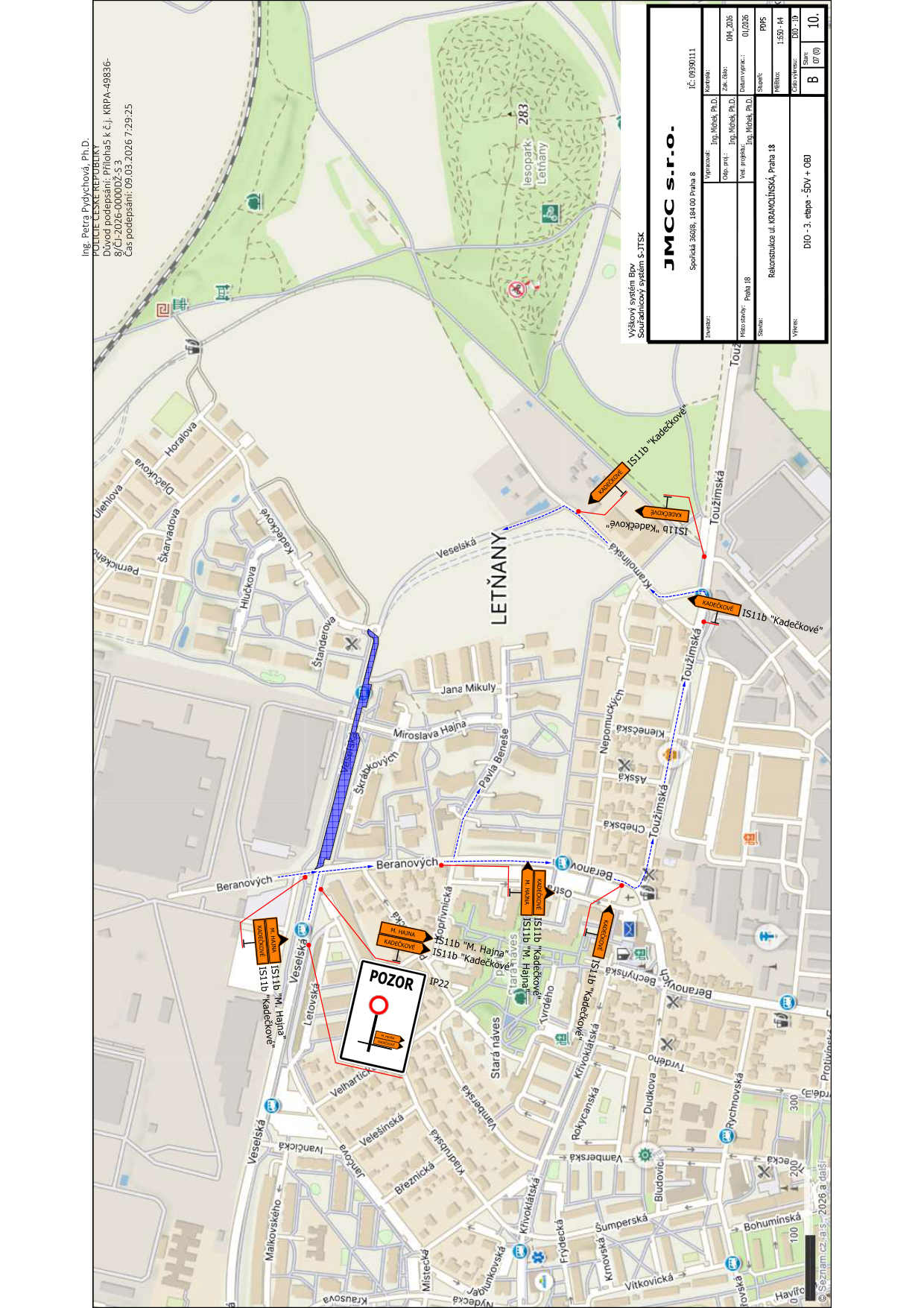 Situační nákres dopravního značení a uzavírek v oblasti Letňany pro projekt rekonstrukce ulice Kramolínská.