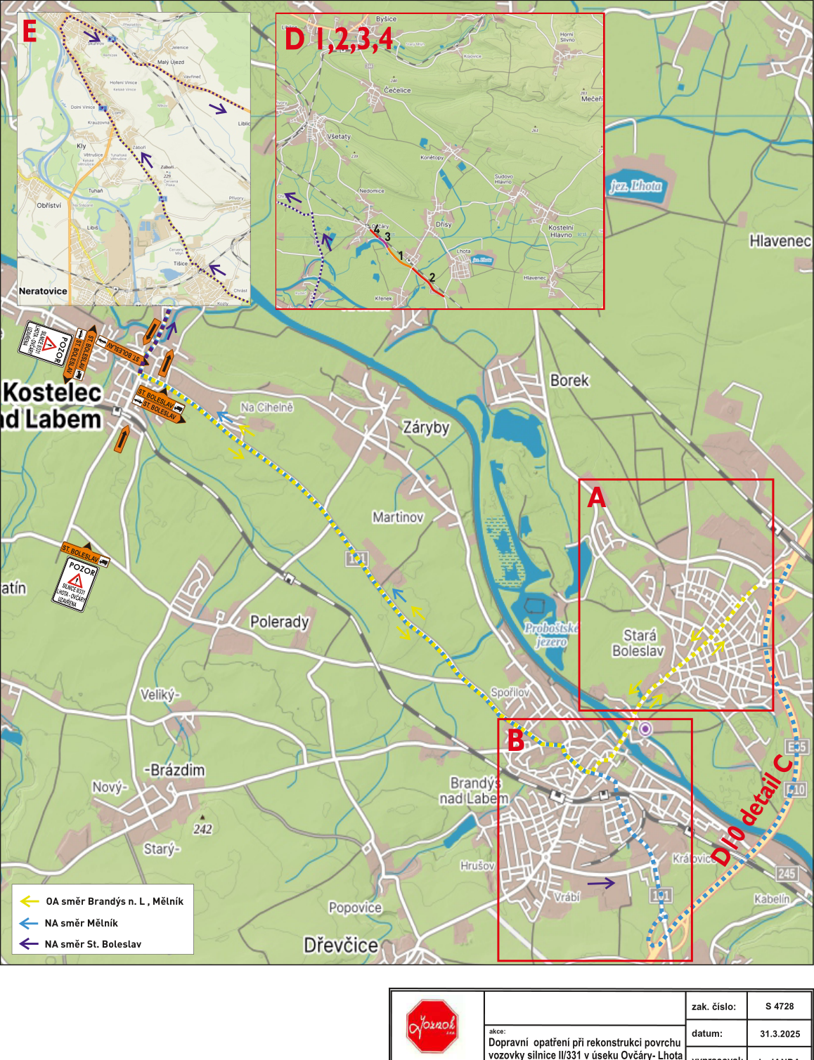 Dopravní schéma objízdných tras a uzavírek silnice II/331 v úseku Ovčáry–Lhota.