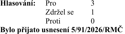 Výsledek hlasování: Pro 3, Zdržel se 1, Proti 0. Bylo přijato usnesení 5/91/2026/RMČ.