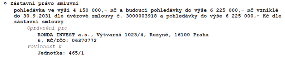 Zástavní právo smluvní: pohledávka ve výši 4 150 000,- Kč a budoucí pohledávky do výše 6 225 000,- Kč vzniklé do 30.9.2031 dle úvěrové smlouvy č. 3000003918 a pohledávky do výše 6 225 000,- Kč dle zástavní smlouvy. Oprávněný: RONDA INVEST a.s., Výtvarná 1023/4, Ruzyně, 16100 Praha 6, IČO: 06370772. Povinnost k: Jednotka 465/1.