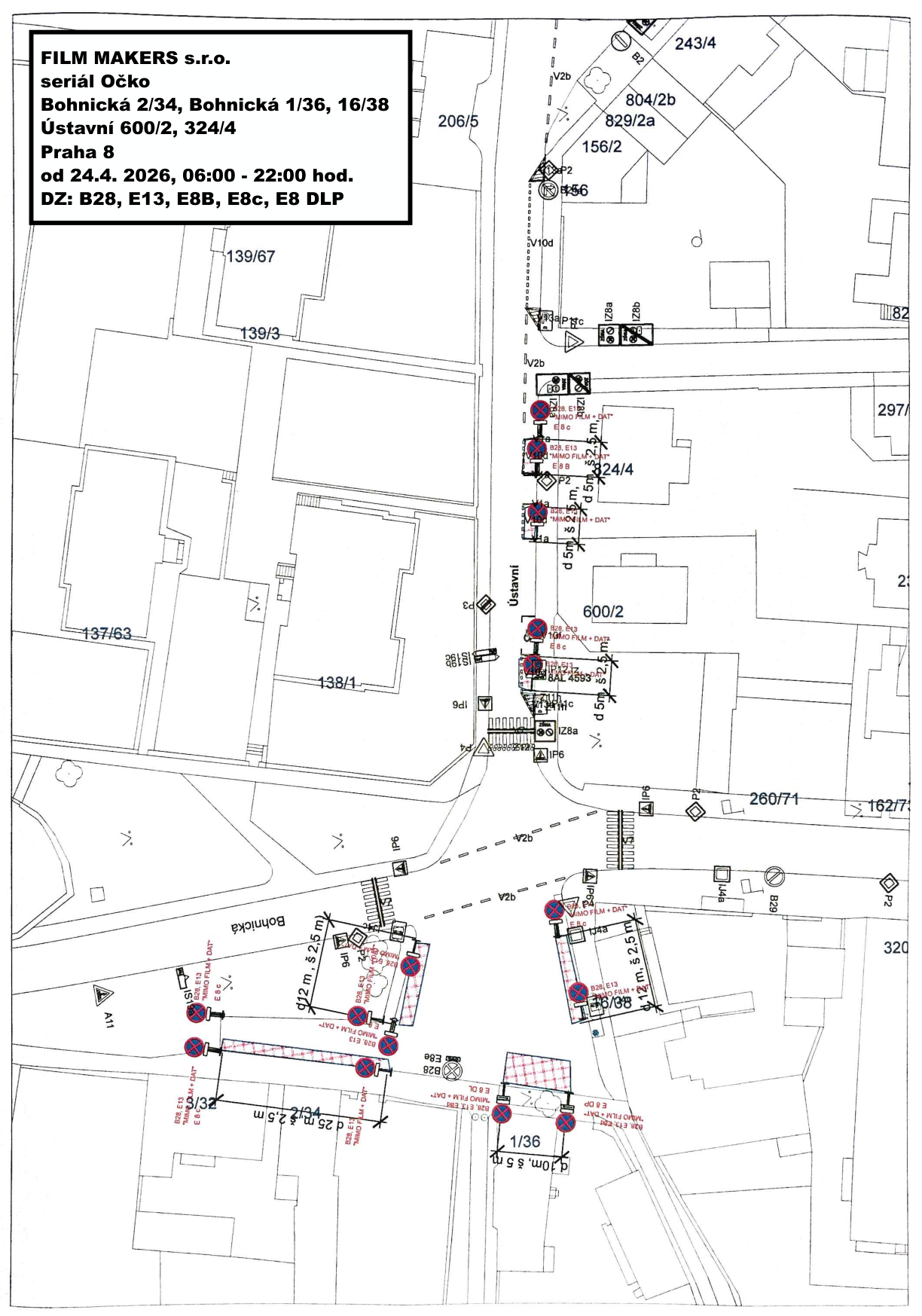 Situační nákres dopravního značení pro filmové natáčení v ulicích Bohnická a Ústavní.
