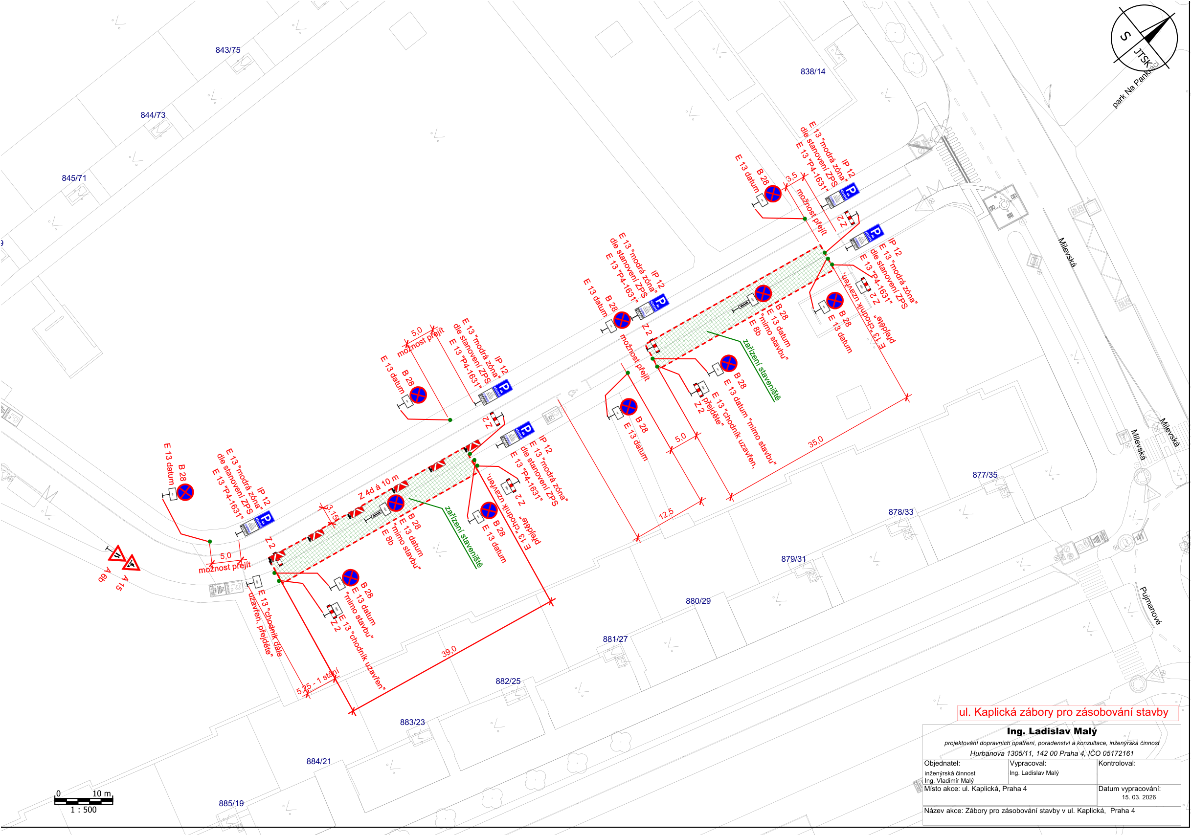 Dopravně inženýrské opatření (situační nákres) pro zábor veřejného prostranství z důvodu zásobování stavby v ulici Kaplická.