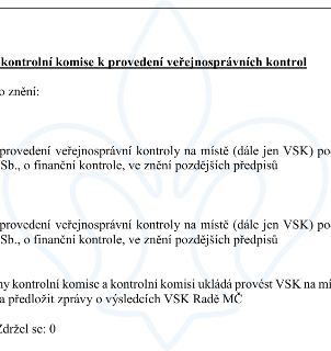 Výňatek z usnesení kontrolní komise k provedení veřejnosprávních kontrol. Text obsahuje: 'kontrolní komise k provedení veřejnosprávních kontrol', 'o znění:', '…