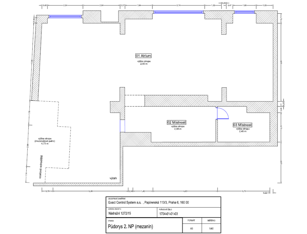 Půdorys 2. NP (mezanin) objektu na adrese Nádražní 1272/15. Dokument obsahuje geodetické zaměření pro společnost Exact Control System a.s., Papírenská 113/3, Praha 6, 160 00. Pořadové číslo: 1704-01-01-03. Plán obsahuje místnosti: 01 Atrium (výška stropu 2,40 m), 02 Místnost (výška stropu 2,48 m), 03 Místnost (výška stropu 2,45 m), dále prostor s ocelovým schodištěm (výška stropu mezonetového patra 4,73 m) a výtah. Výkres obsahuje detailní kótování rozměrů stěn a prostorů.