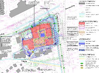 Situační plán staveniště pro stavební projekt. Obsahuje legendy: LEGENDA ZAMĚŘENÍ (stávající objekty, katastr, inženýrské sítě, tramvajová trať, zeleň), LEGEND…
