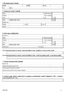 Formulář žádosti (strana 2), obsahující následující sekce: 4. Kontaktní údaje žadatele (Telefon, Mobil, E-mail, Web), 5. Statutární zástupce žadatele (Jméno, P…