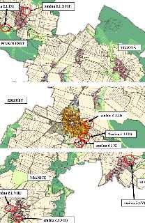 Výřez katastrální mapy územního plánu obsahující obce Makolusky, Vlková, Zbizuby, Vranice a Koblasko. V mapě jsou červenými kroužky vyznačeny a očíslovány jedn…