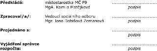 Část dokumentu s podpisy a schvalovacími údaji: Předkládá: místostarostka MČ P9 MgA. Kamila Matějková; Zpracoval/a/: Vedoucí sociálního odboru Mgr. Jana Dobišo…