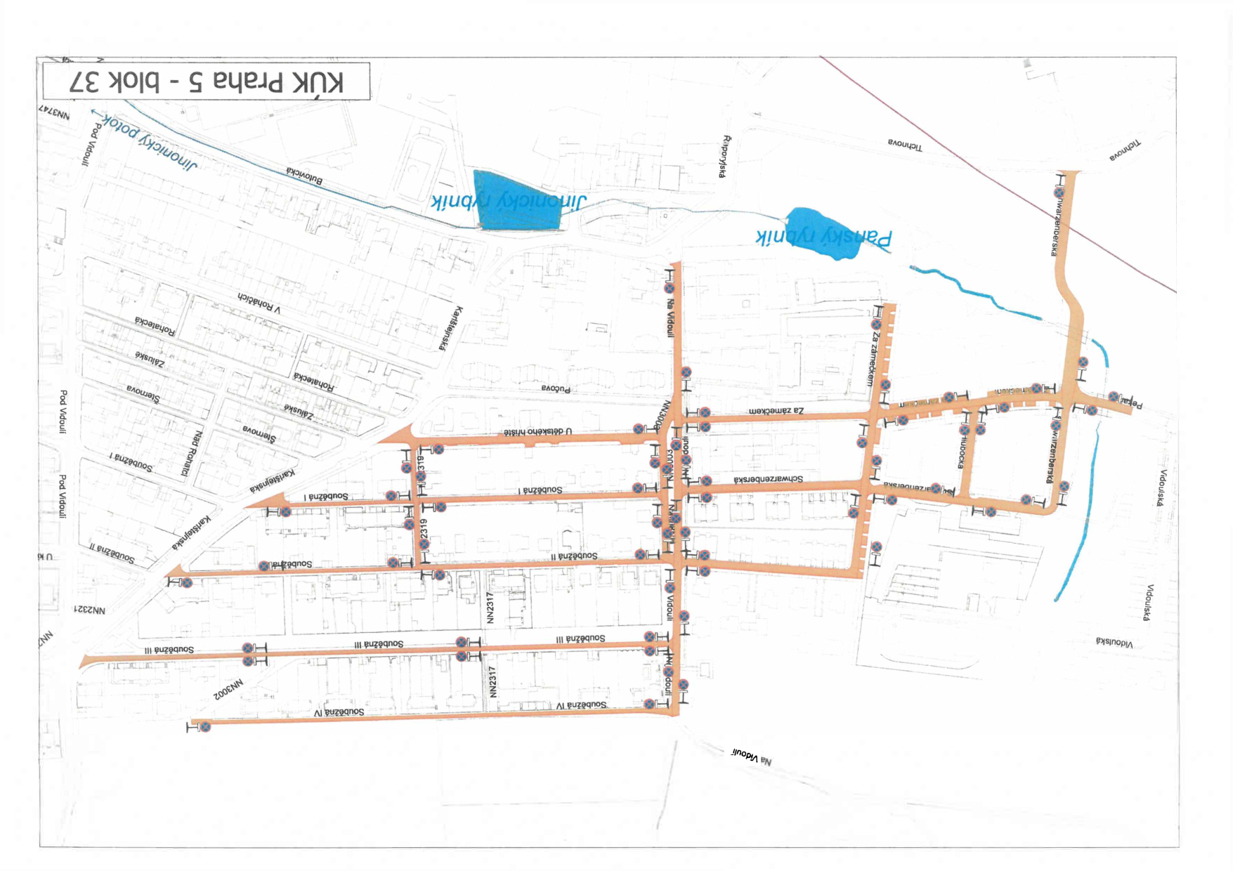 Situační nákres inženýrských sítí nebo dopravního značení v lokalitě Jinonice, Praha 5.