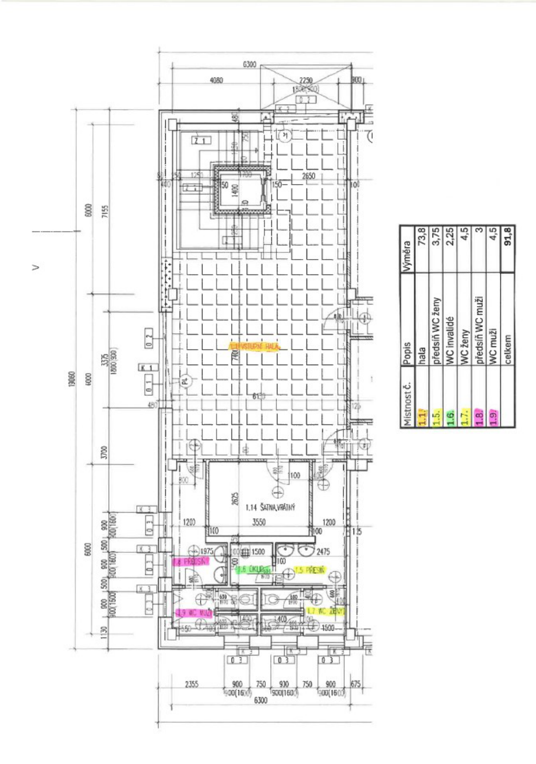 Plán stavby (půdorys podlaží) s tabulkou místností. Tabulka obsahuje: 1.1. hala (73,8 m²), 1.5. předsíň WC ženy (3,75 m²), 1.6. WC invalidé (2,25 m²), 1.7. WC ženy (4,5 m²), 1.8. předsíň WC muži (3 m²), 1.9. WC muži (4,5 m²), celkem (91,8 m²). V plánu jsou dále označeny místnosti: 1.14 ŠATNA, VRÁTNÝ, 1.6 ÚKLID, 1.5 PŘEDSÍŇ, 1.8 PŘEDSÍŇ, 1.9 WC MUŽI, 1.7 WC ŽENY. Výkres obsahuje technické kóty a rozměry prostor.