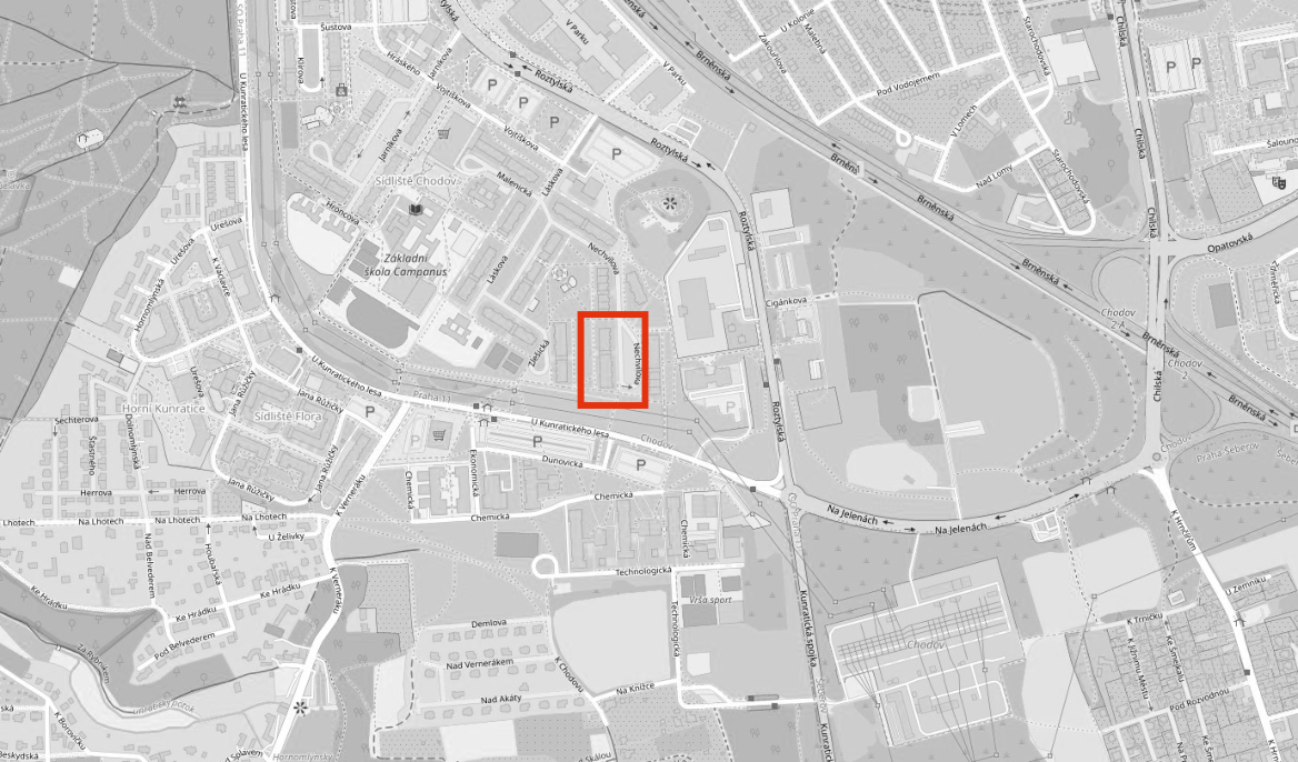 Mapa širšího okolí se zvýrazněnou budovou v lokalitě Chodov v Praze.