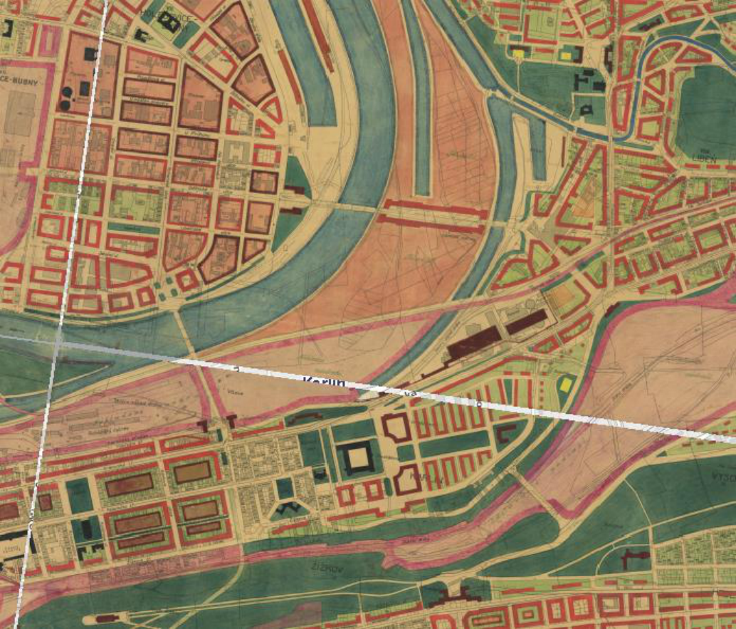 Historická plánovací mapa Prahy zobrazující oblast Karlína, Libně a Holešovic. Na mapě jsou čitelné názvy čtvrtí: 'Karlín', 'Libeň', 'Žižkov' a 'Holešovice-Bubny'. Mapa znázorňuje urbanistickou strukturu, bloky budov, železniční tratě a tok řeky Vltavy.
