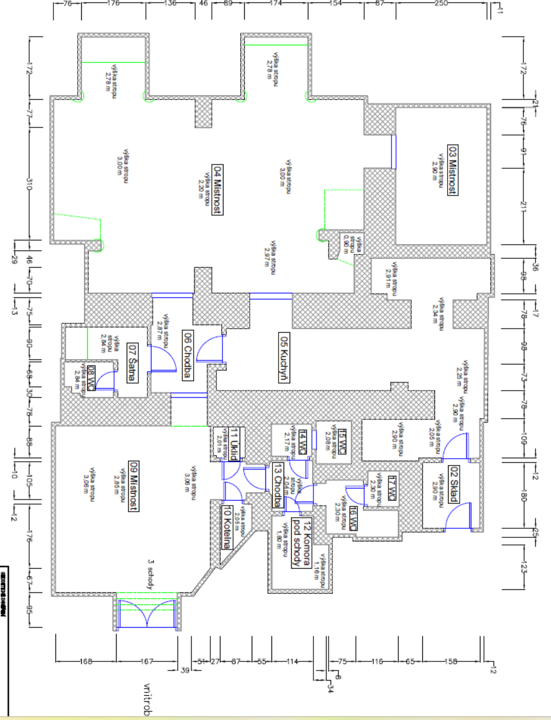 Půdorys podlaží stavby s kótami a označením jednotlivých místností.