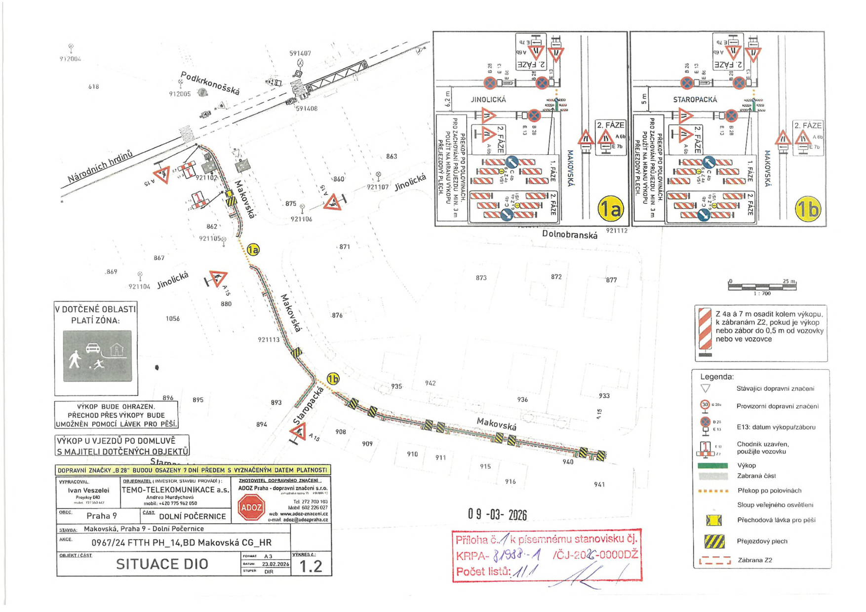 Situační nákres dopravního značení a výkopových prací pro stavbu sítě FTTH v ulici Makovská.