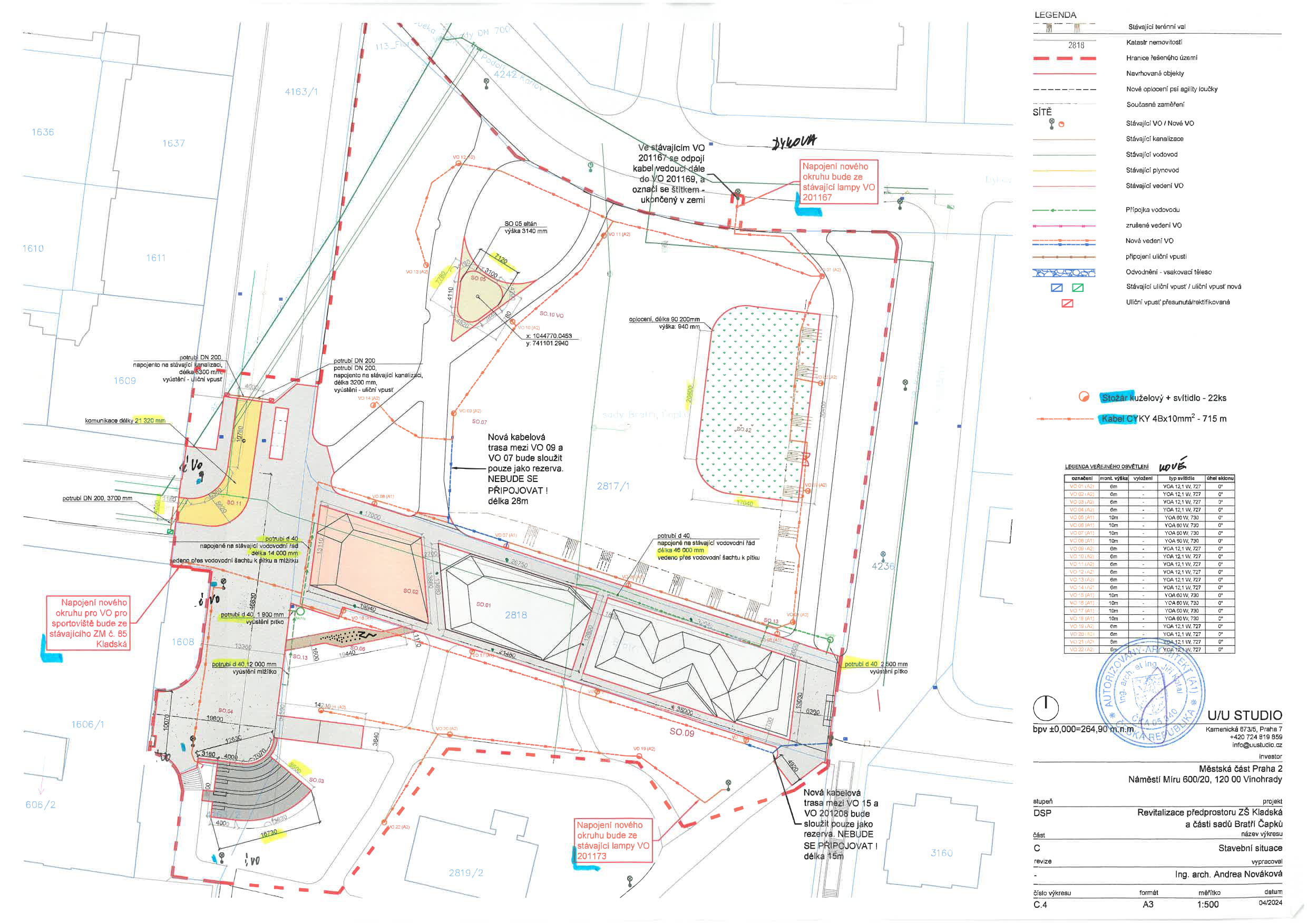 Koordinační situační výkres stavby pro revitalizaci předprostoru ZŠ Kladská a části sadů Bratří Čapků.