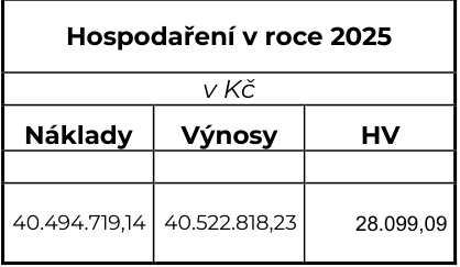 Tabulka s názvem 'Hospodaření v roce 2025' (v Kč). Obsahuje sloupce: Náklady (40.494.719,14), Výnosy (40.522.818,23) a HV (Hospodářský výsledek: 28.099,09).