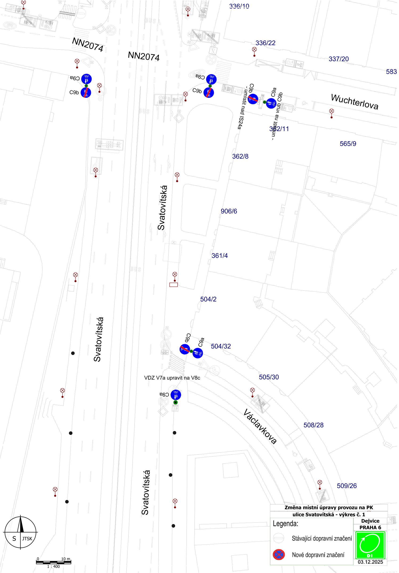 Situační nákres změn dopravního značení v ulici Svatovítská v Praze 6.