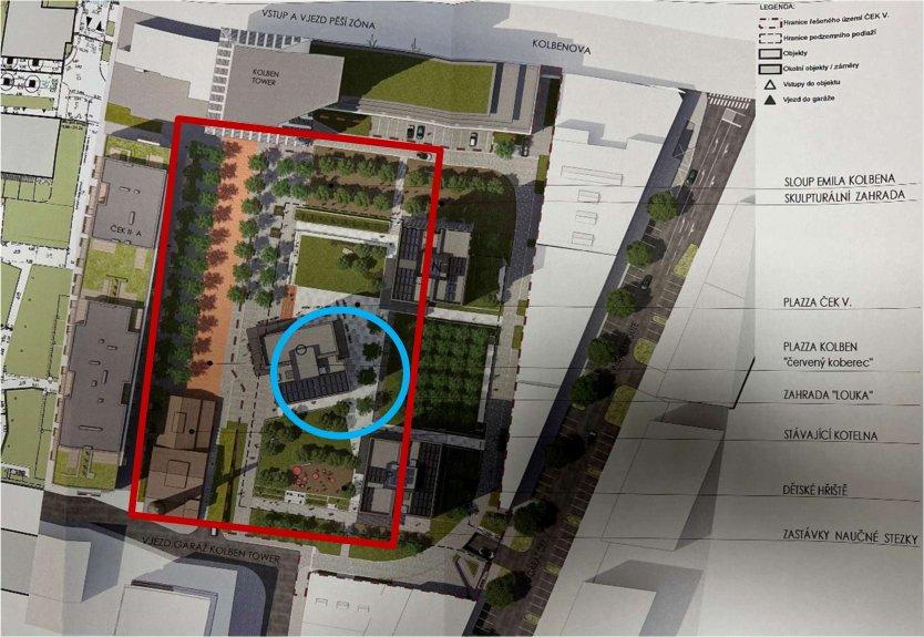 Koordinační situační výkres plánované výstavby v okolí objektu Kolben Tower s vyznačenými plochami a veřejným prostorem.