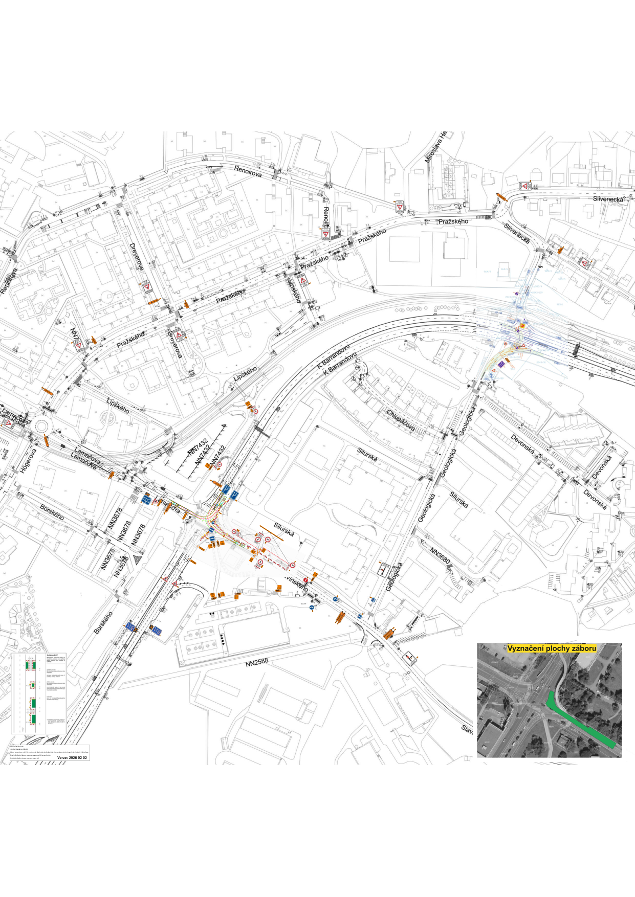 Koordinační situační výkres dopravního značení a záboru plochy v lokalitě Barrandov v Praze.