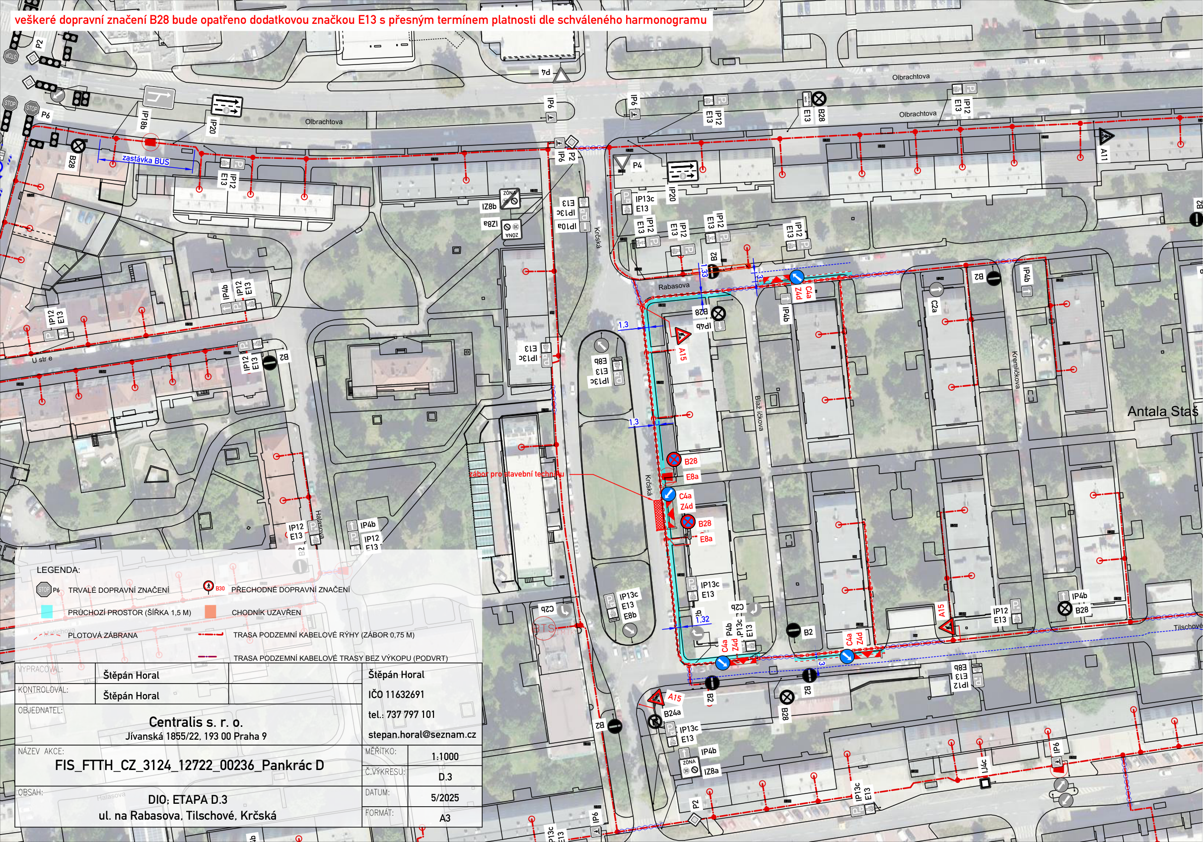 Situační nákres dopravního značení a záborů pro stavbu kabelové trasy v ulicích Rabasova a Tilschové.