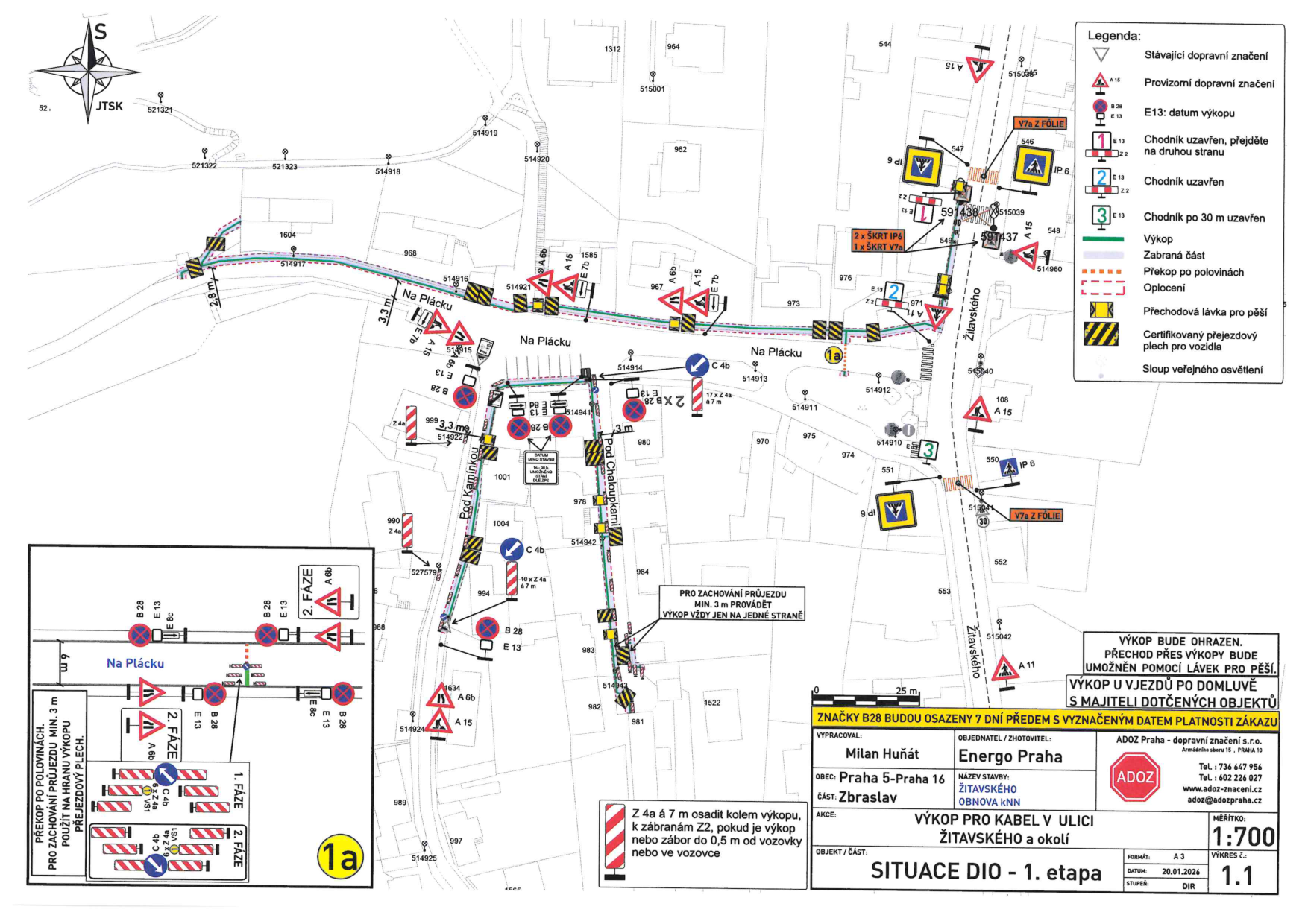 Situační nákres dopravního značení a plán výkopových prací pro stavbu v ulici Žitavského a okolí.