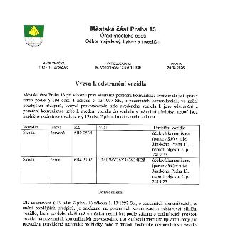 Úřední výzva k odstranění vozidel z ulice Jánského, Praha 13, vydaná Městskou částí Praha 13 dne 20.08.2026 (značka P13 - 117275/2026). Výzva se týká dvou vozi…