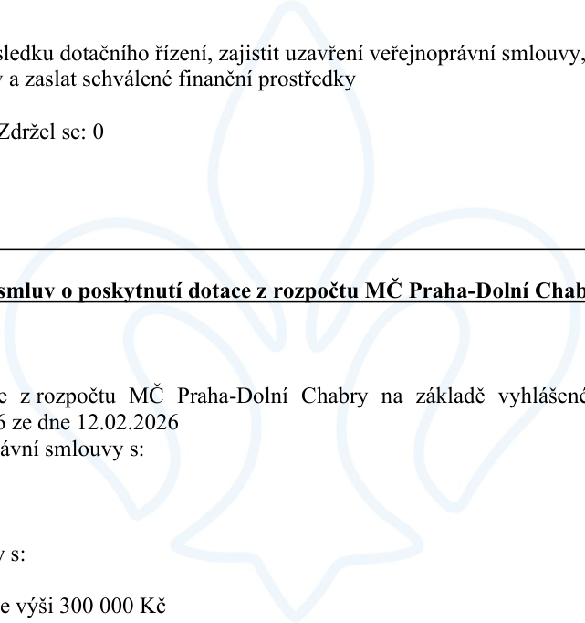 Výňatek z usnesení o poskytnutí dotace z rozpočtu MČ Praha-Dolní Chabry na základě vyhlášeného dotačního řízení ze dne 12.02.2026. Dokument obsahuje rozhodnutí o uzavření veřejnoprávní smlouvy a zaslání schválených finančních prostředků ve výši 300 000 Kč. Uvedeno je také hlasování 'Zdržel se: 0'.