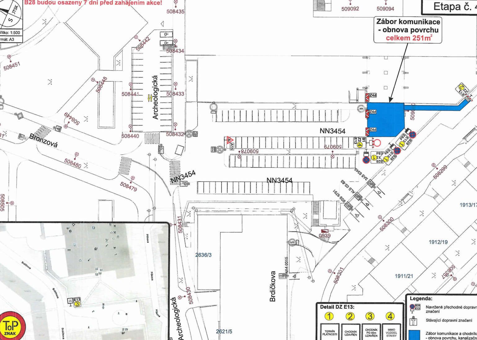 Situační nákres dopravního značení a záboru komunikace pro stavební účely.