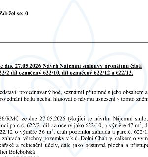 Výňatek z usnesení ze dne 27.05.2026 týkající se návrhu Nájemní smlouvy na pronájem částí pozemků v k.ú. Dolní Chabry: parc. č. 622/2 díl 622/10 (výměra 47 m²)…