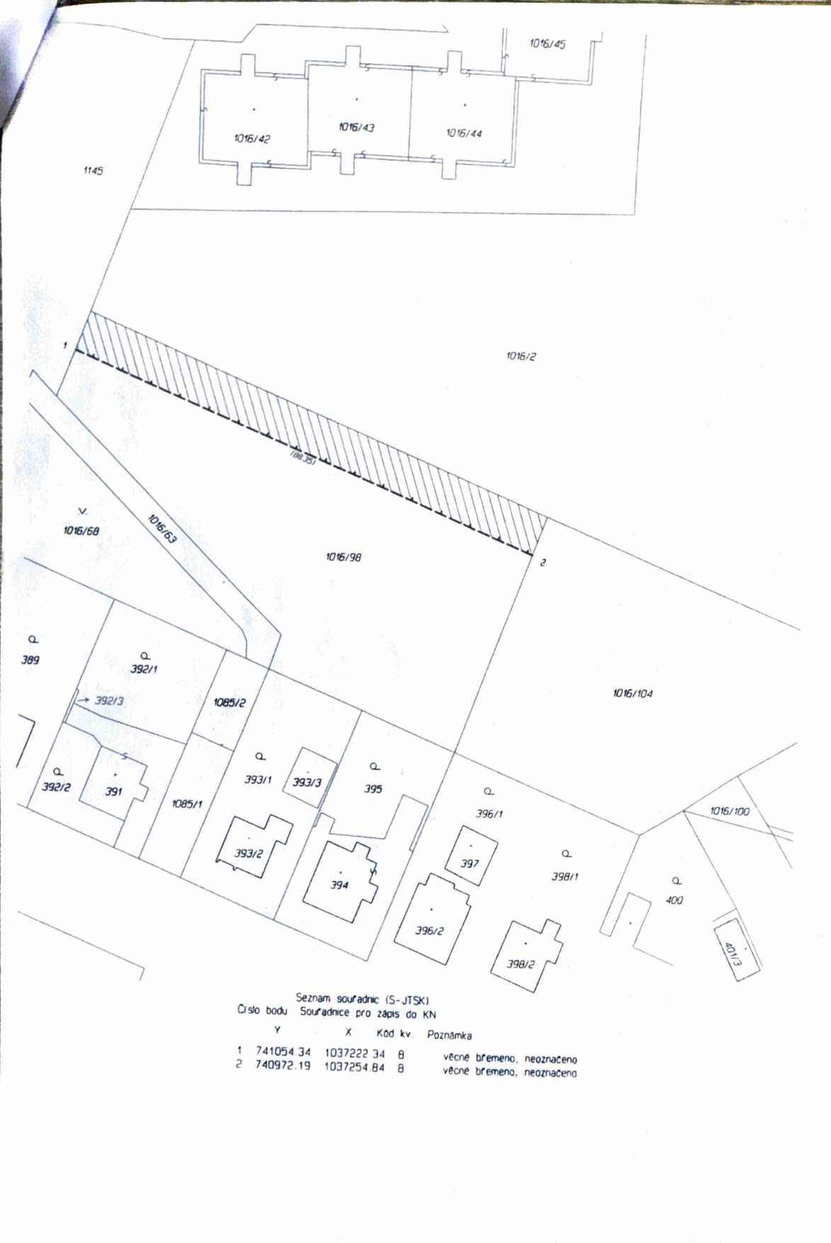 Geometrický plán znázorňující věcné břemeno na pozemcích, pravděpodobně v rámci katastrální mapy.
