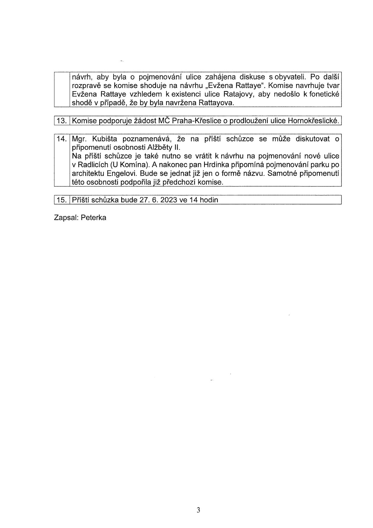 Zápis z jednání komise (strana 3): 
- Návrh na pojmenování ulice „Evžena Rattaye“ (zvoleno místo „Rattayova“ kvůli fonetické shodě s ulicí Ratajovou).
- Bod 13: Komise podporuje žádost MČ Praha-Křeslice o prodloužení ulice Hornokřeslické.
- Bod 14: Mgr. Kubišta připomíná diskuzi o pojmenování ulice po Alžbětě II. a nové ulice v Radlicích (U Komína). Pan Hrdinka připomíná pojmenování parku po architektu Engelovi.
- Bod 15: Příští schůzka bude 27. 6. 2023 ve 14 hodin.
- Zapsal: Peterka