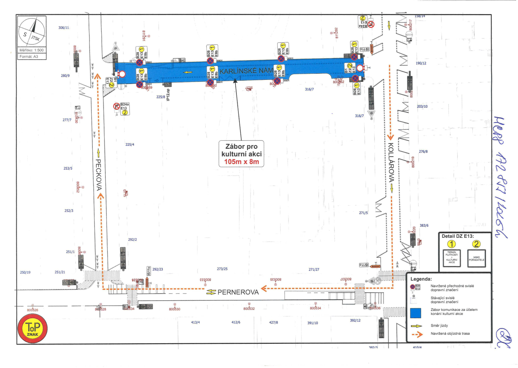 Situační nákres dopravního značení pro zábor veřejného prostranství za účelem konání kulturní akce na Karlínském náměstí.