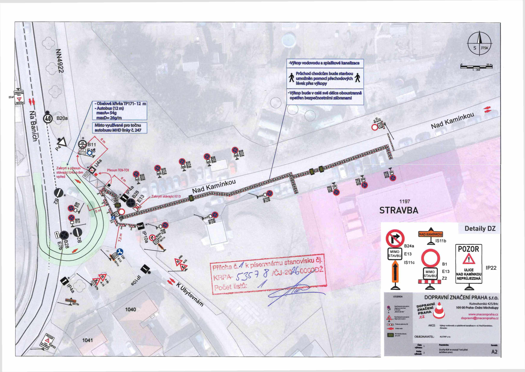 Koordinační situace dočasného dopravního značení a plánu uzavírky ulice Nad Kamínkou v Praze.