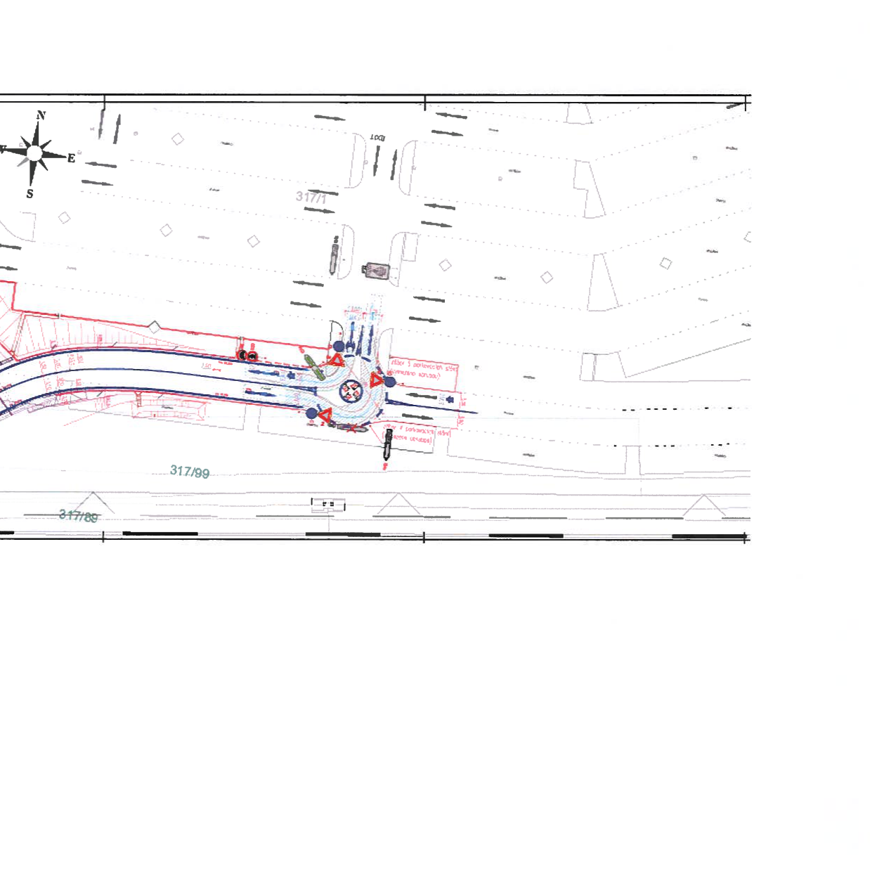 Situační nákres dopravního řešení (pravděpodobně vjezd/výjezd z parkoviště). V mapě jsou vyznačeny parcely č. 317/1 a 317/99, směrové šipky pro provoz, dopravní značení (značky 'Dej přednost v jízdě', 'Zákaz vjezdu', 'Příkazový směr jízdy'), vodorovné dopravní značení a šířkové kóty (např. 1,50).
