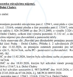 Úřední oznámení o pronájmu pozemků stávajícímu nájemci v k.ú. Dolní Chabry. Předmětem pronájmu jsou pozemky parc.č. 1294/1 (orná půda), parc.č. 1316/6 (ostatní…