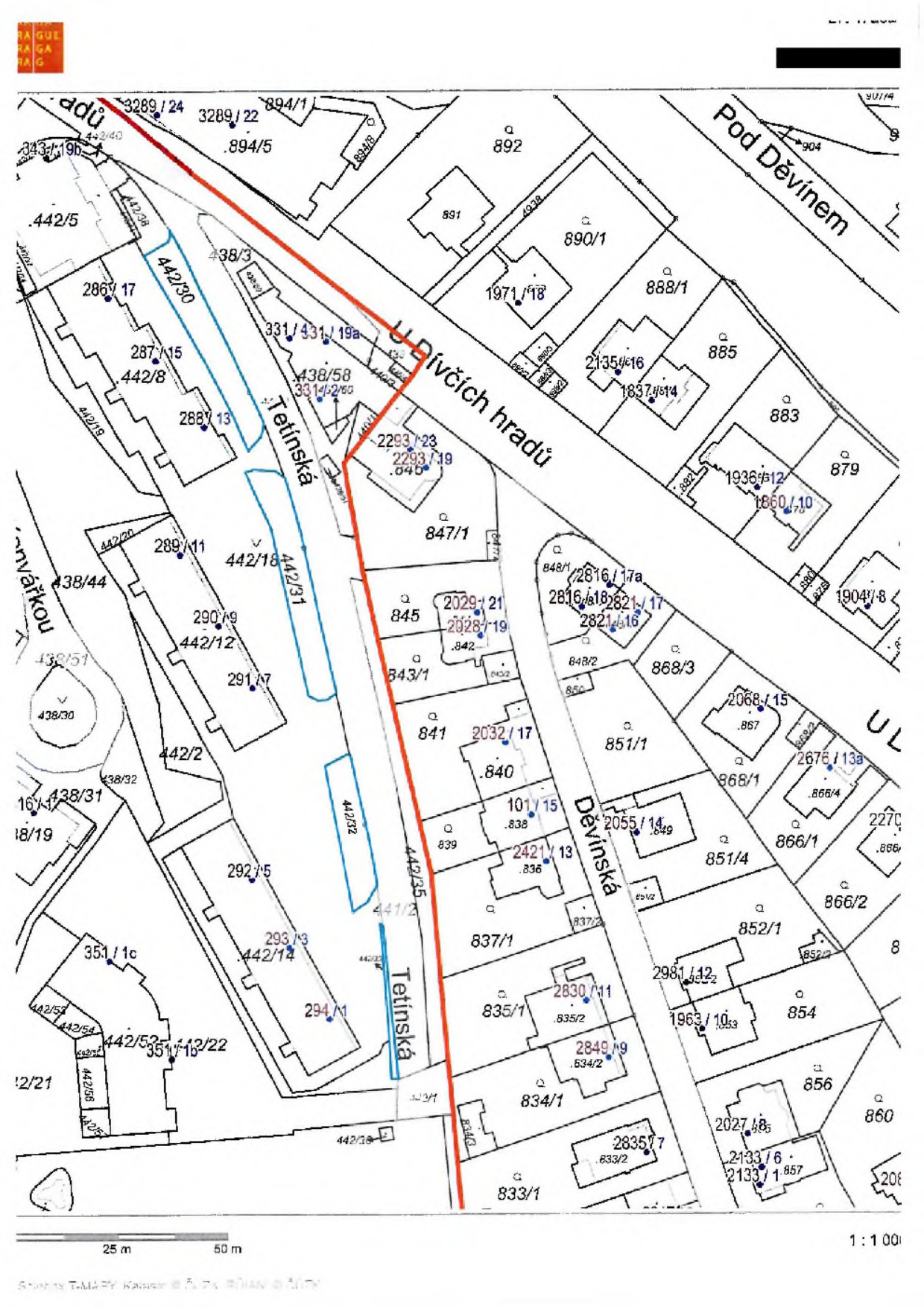 Katastrální mapa oblasti v Praze, zobrazující parcely a ulice U Dívčích hradů, Tetínská a Děvínská. V mapě jsou vyznačeny parcely s čísly (např. 892, 890/1, 885, 879, 442/30, 442/18, 442/31, 442/35, 845, 841, 840, 837/1, 835/1, 834/1, 833/1, 851/1, 868/1, 866/1, 854, 856, 860 a další). Červenou čarou je vyznačena hranice (pravděpodobně zábor nebo vymezení území). Měřítko mapy je 1:1000.