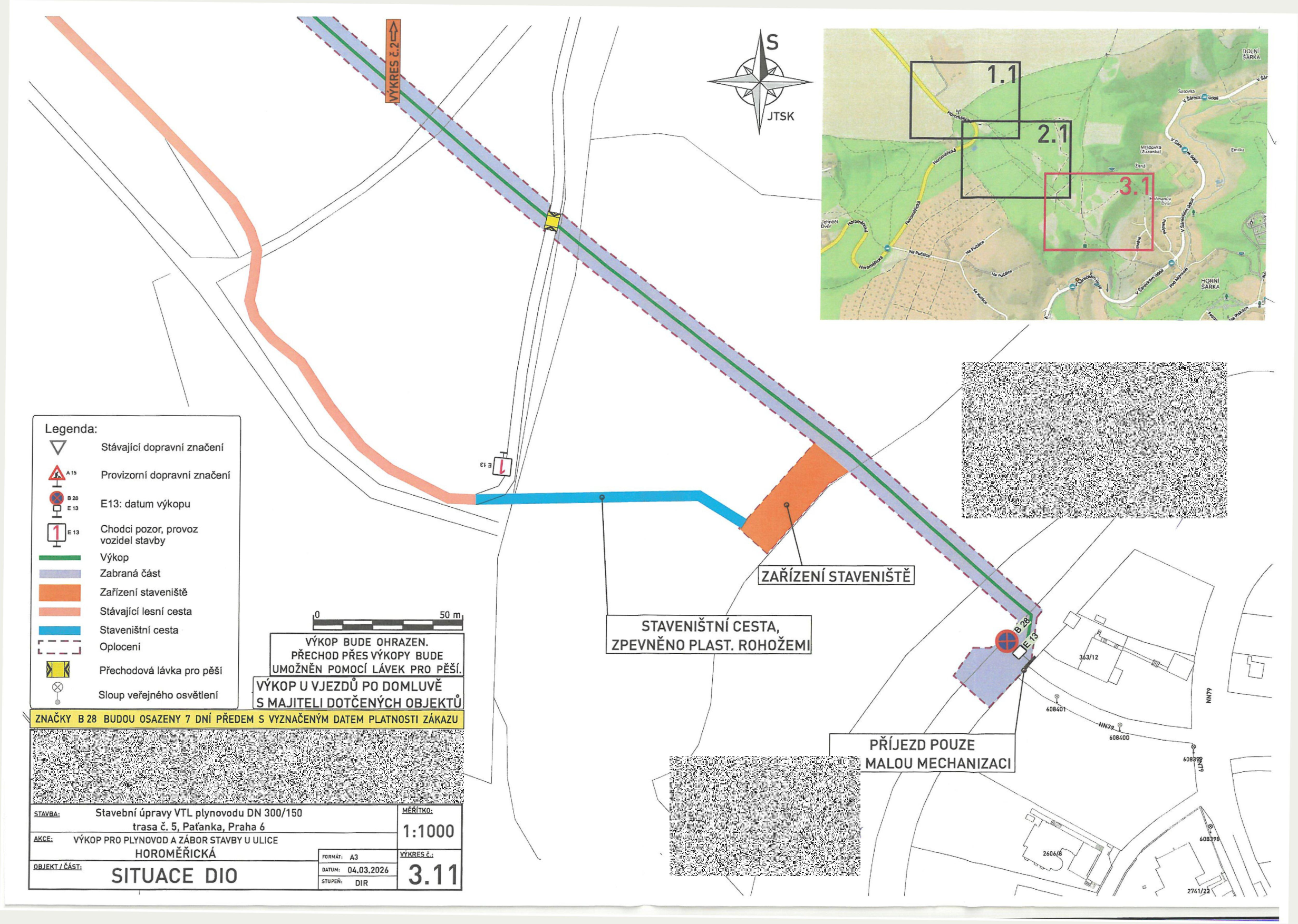 Situační nákres dopravního značení a plánu stavby úpravy VTL plynovodu.
