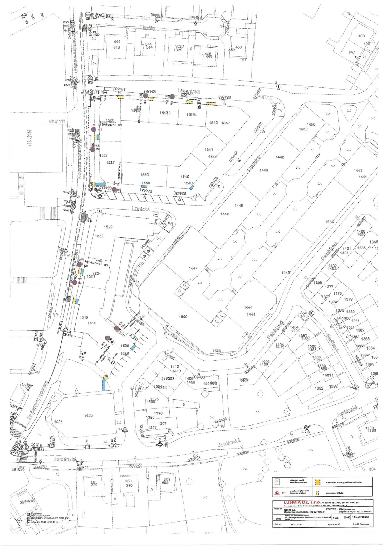 Situační nákres dopravního značení v lokalitě ulic Lipnická a Jordánská.