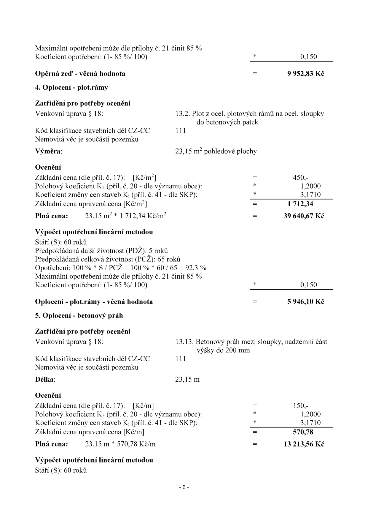 Výňatek z dokumentu o ocenění nemovitostí (strana 6). Obsahuje výpočty pro:

1. Oplocení - plot.rámy:
- Zatřídění: 13.2. Plot z ocel. plotových rámů na ocel. sloupy do betonových patek
- Kód klasifikace: 111
- Výměra: 23,15 m2
- Základní cena: 450 Kč/m2
- Polohový koeficient K5: 1,2000
- Koeficient změny cen staveb Ki: 3,1710
- Základní cena upravená: 1 712,34 Kč/m2
- Plná cena: 39 640,67 Kč
- Výpočet opotřebení: stáří 60 let, další životnost 5 let, celková 65 let, opotřebení 92,3 %, koeficient opotřebení 0,150
- Věcná hodnota: 5 946,10 Kč

2. Oplocení - betonový práh:
- Zatřídění: 13.13. Betonový práh mezi sloupky, nadzemní část výšky do 200 mm
- Kód klasifikace: 111
- Délka: 23,15 m
- Základní cena: 150 Kč/m
- Polohový koeficient K5: 1,2000
- Koeficient změny cen staveb Ki: 3,1710
- Základní cena upravená: 570,78 Kč/m
- Plná cena: 13 213,56 Kč
- Výpočet opotřebení: stáří 60 let