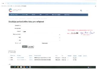 Stránka z databáze periodického tisku pro veřejnost Ministerstva kultury ČR, vyhledávání podle evidenčního čísla, názvu periodika, vydavatele (vyhledáno 'HelpM…