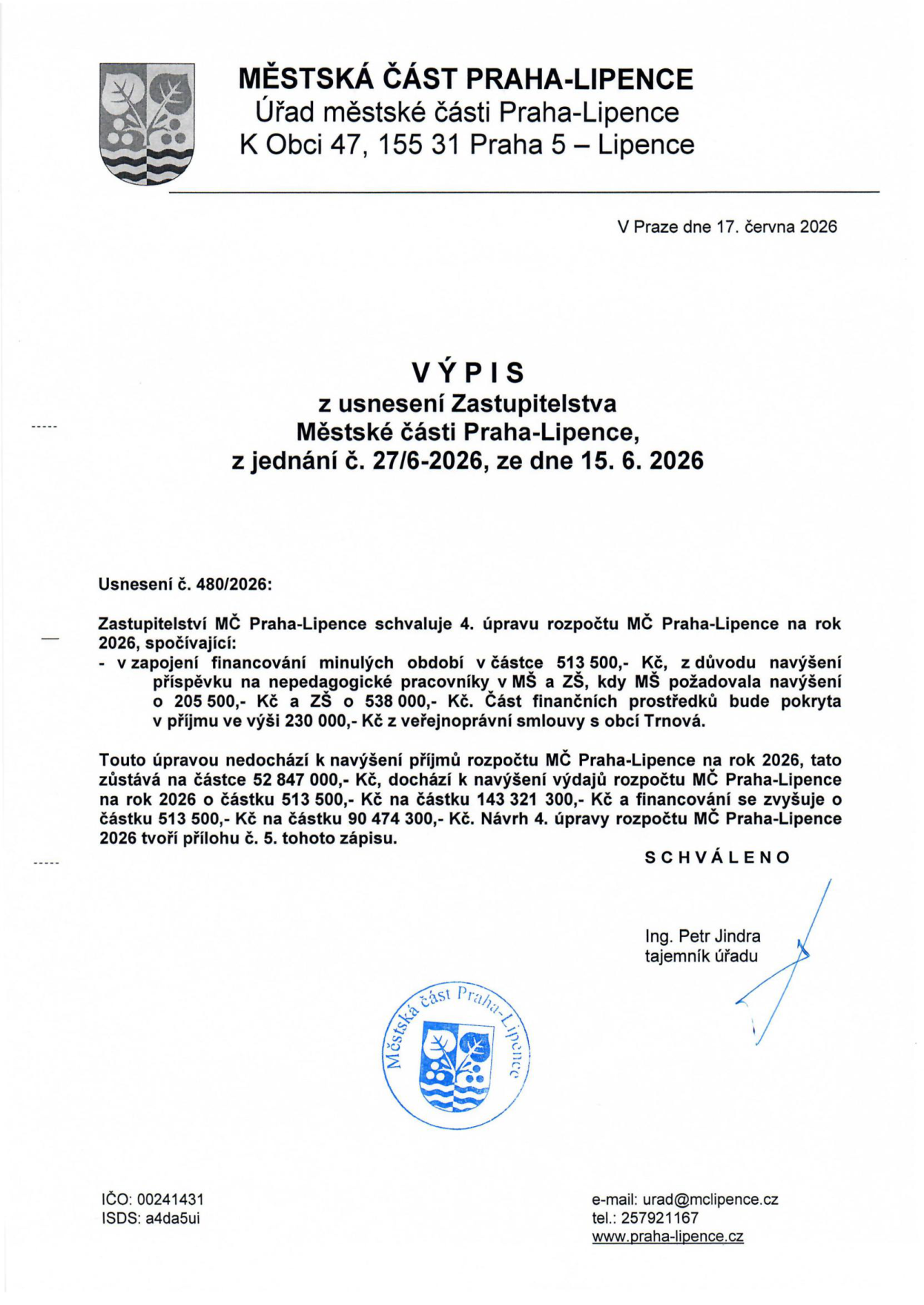 Výpis z usnesení Zastupitelstva Městské části Praha-Lipence, jednání č. 27/6-2026 ze dne 15. 6. 2026. Usnesení č. 480/2026: Zastupitelstvo schvaluje 4. úpravu rozpočtu MČ Praha-Lipence na rok 2026. Úprava spočívá v zapojení financování minulých období ve výši 513 500 Kč z důvodu navýšení příspěvku na nepedagogické pracovníky v MŠ (o 205 500 Kč) a ZŠ (o 538 000 Kč). Část prostředků bude pokryta příjmem 230 000 Kč ze smlouvy s obcí Trnová. Příjmy rozpočtu zůstávají na 52 847 000 Kč, výdaje se zvyšují o 513 500 Kč na 143 321 300 Kč, financování se zvyšuje o 513 500 Kč na 90 474 300 Kč. Dokument vydán v Praze dne 17. června 2026, podepsán tajemníkem úřadu Ing. Petrem Jindrou.