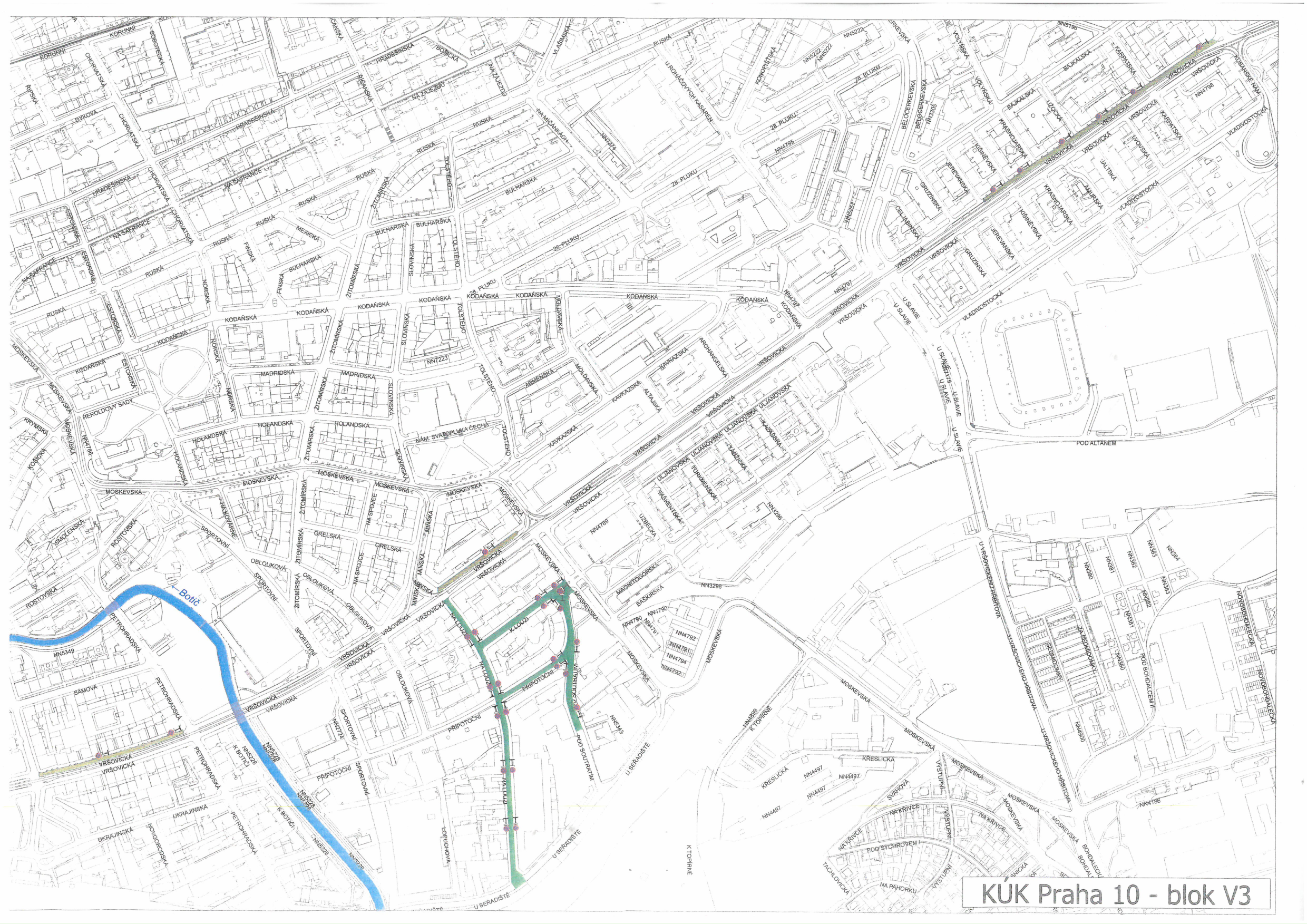 Situační mapa území s vyznačeným zákresem inženýrských sítí nebo plánované stavby v lokalitě Praha 10 - Vršovice.