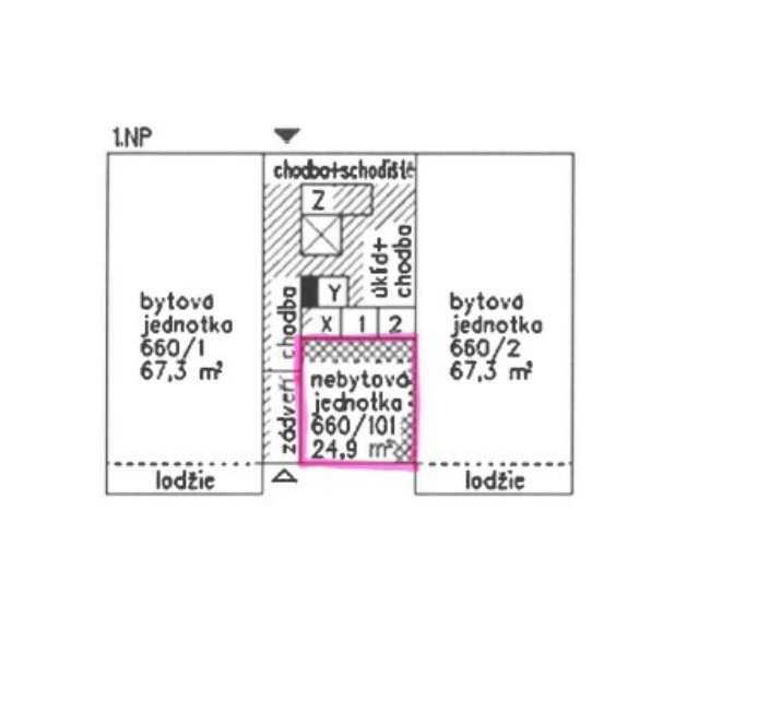 Schéma půdorysu 1.NP (prvního nadzemního podlaží) budovy. Obsahuje: bytová jednotka 660/1 (67,3 m²) s lodžií, bytová jednotka 660/2 (67,3 m²) s lodžií, nebytová jednotka 660/101 (24,9 m²), společné prostory: chodba, schodiště, zádveří, úklidová chodba, prostory označené Z, X, Y, 1, 2.