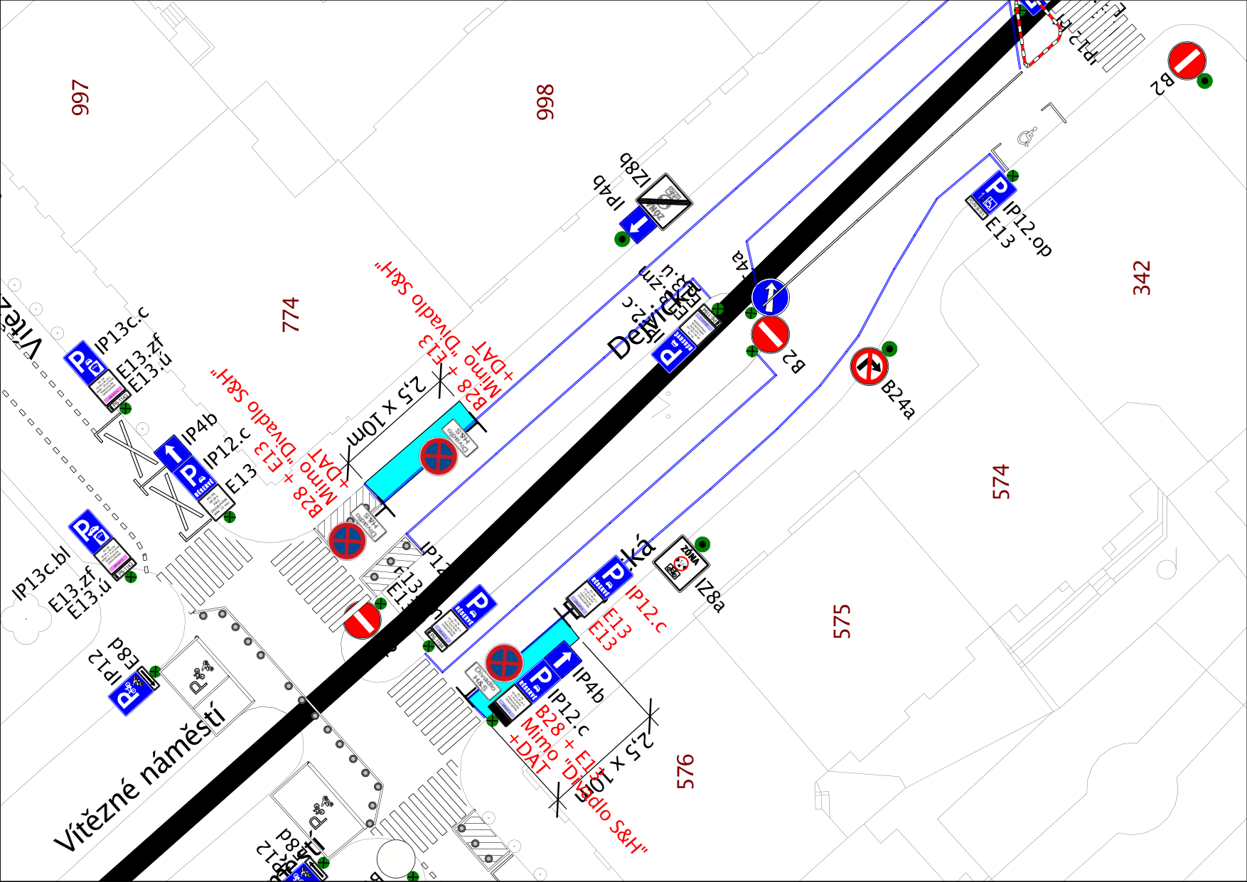 Situační nákres dopravního značení v oblasti Vítězného náměstí a ulice Dejvická. Mapa obsahuje vyznačené parkovací zóny (IP12.c, IP13c.c, IP12.op), zákazy vjezdu (B2), příkazové značky (C4a, C2b), zónové značky (IZ8a, IZ8b) a doplňkové tabulky s texty: 'B28 + E13 Mimo Divadlo S&H + DAT', '2,5 x 10m', 'Divadlo S&H'. V mapě jsou uvedena čísla parcel (997, 866, 774, 342, 574, 575, 576) a názvy ulic (Vítězné náměstí, Dejvická).
