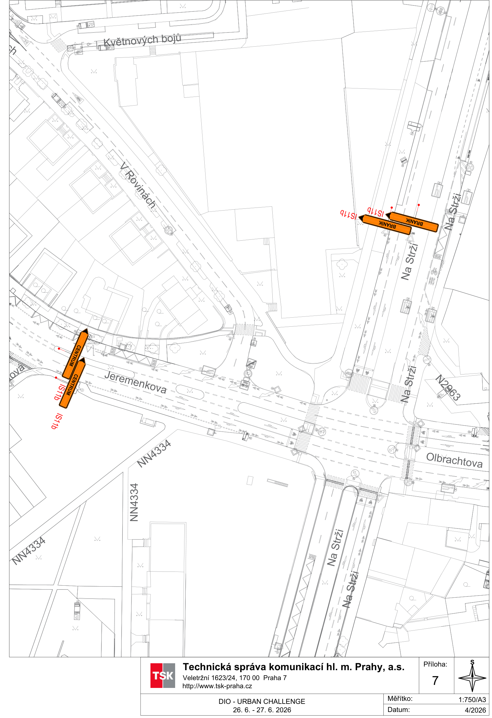 Situační nákres dopravního značení (DIO) pro akci 'URBAN CHALLENGE' konanou ve dnech 26. 6. – 27. 6. 2026. Mapa zobrazuje křižovatku ulic Na Strži, Jeremenkova a Olbrachtova v Praze. V plánu jsou vyznačeny dočasné dopravní značky (IS11b) s orientací na 'CENTRUM' a 'BRANÍK'. Dokument vydala Technická správa komunikací hl. m. Prahy, a.s., Veletržní 1623/24, 170 00 Praha 7, www.tsk-praha.cz. Příloha č. 7, měřítko 1:750/A3, datum 4/2026.