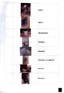 Tabulka se seznamem uměleckých děl a jejich fotografiemi: Stařec III, Stařec IV, Hlava býka (sádra), Ženské torzo I, Ženské torzo II, Ženské torzo (malé modely…