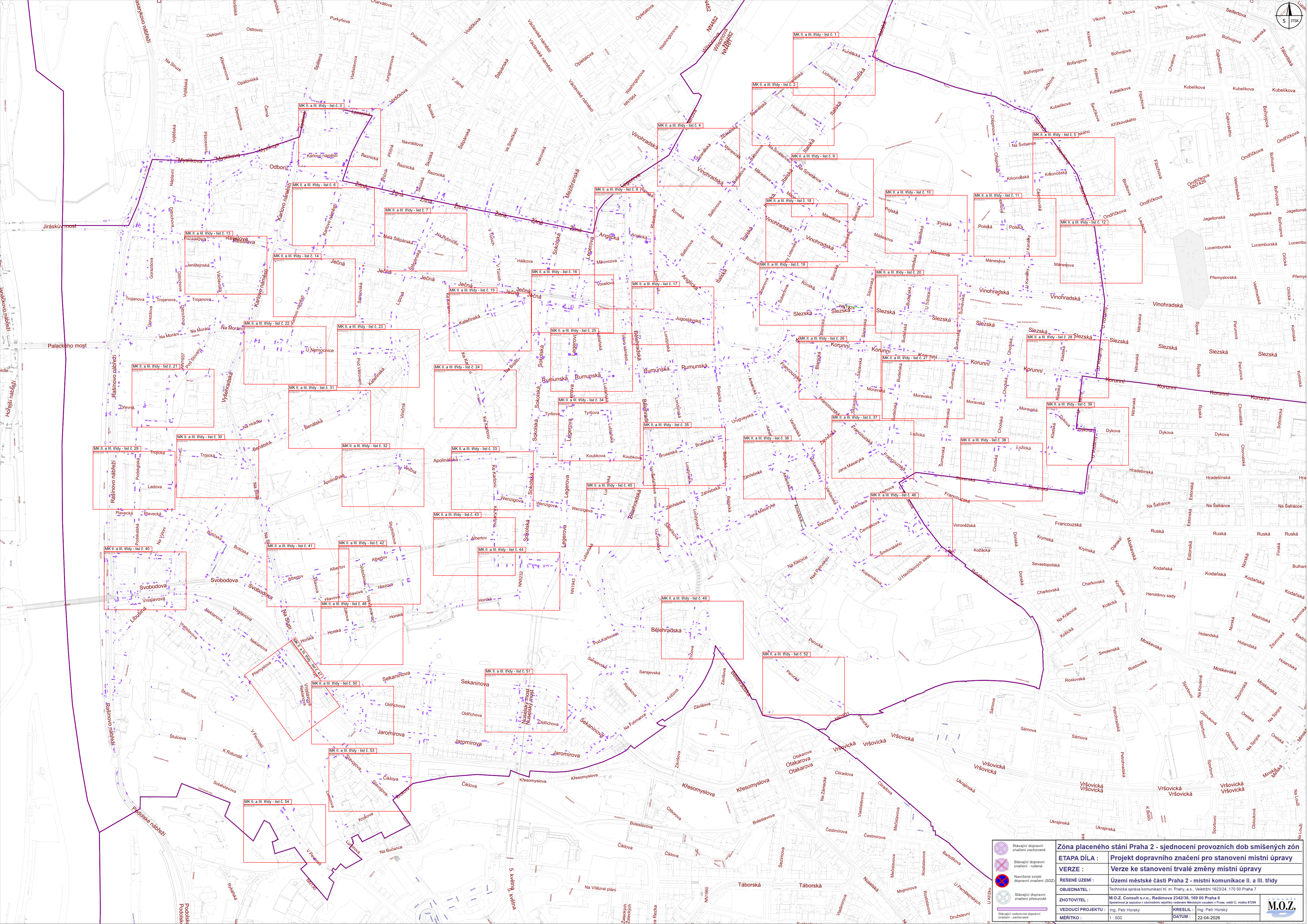 Mapa projektu dopravního značení pro stanovení místní úpravy v Praze 2. Název projektu: 'Zóna placeného stání Praha 2 - sjednocení provozních dob smíšených zón'. Etapa díla: 'Projekt dopravního značení pro stanovení místní úpravy'. Verze: 'Verze ke stanovení trvalé změny místní úpravy'. Řešené území: 'Území městské části Praha 2 - místní komunikace II. a III. třídy'. Objednatel: Technická správa komunikací hl. m. Prahy, a.s., Řásnovka 770/8, 110 00 Praha 1. Zhotovitel: M.O.Z. Consult s.r.o., Radimova 2342/36, 169 00 Praha 6. Vedoucí projektu: Ing. Petr Horský. Kreslil: Ing. Petr Horský. Měřítko: 1:500. Datum: 22-04-2020. Mapa obsahuje vyznačené červené obdélníky s popisy (např. 'MK II. a III. Tř. Příl. list 1' až '54') pokrývající uliční síť městské části Praha 2.