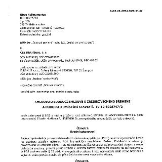 Smlouva o budoucí smlouvě o zřízení věcného břemene a dohoda o umístění stavby č. IV-12-8028747/2. Smluvní strany: Obec Heřmanovice (IČO 00295981, č.p. 136, 79…