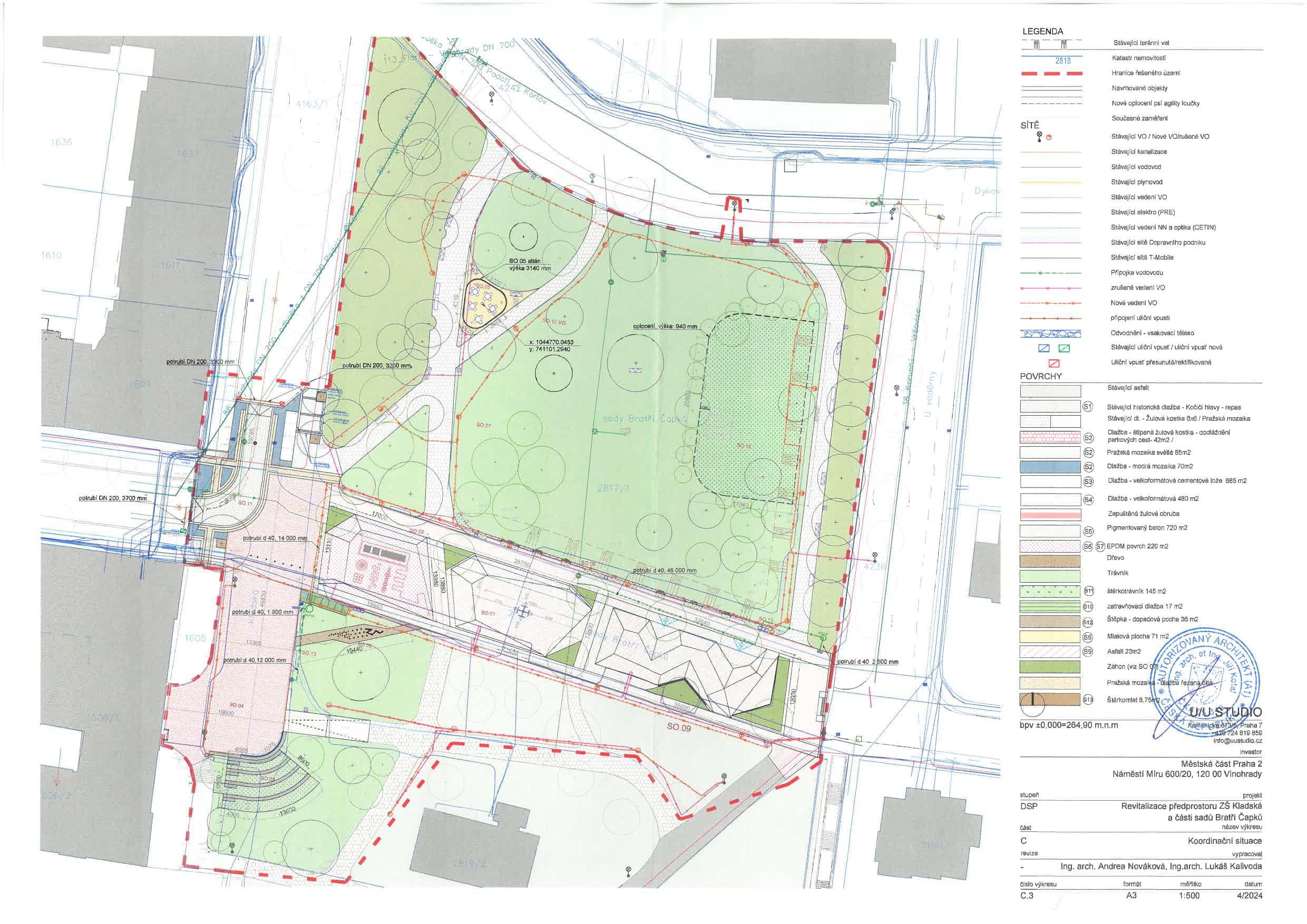Koordinační situace projektu revitalizace předprostoru ZŠ Kladská a části sadů Bratří Čapků v Praze 2.